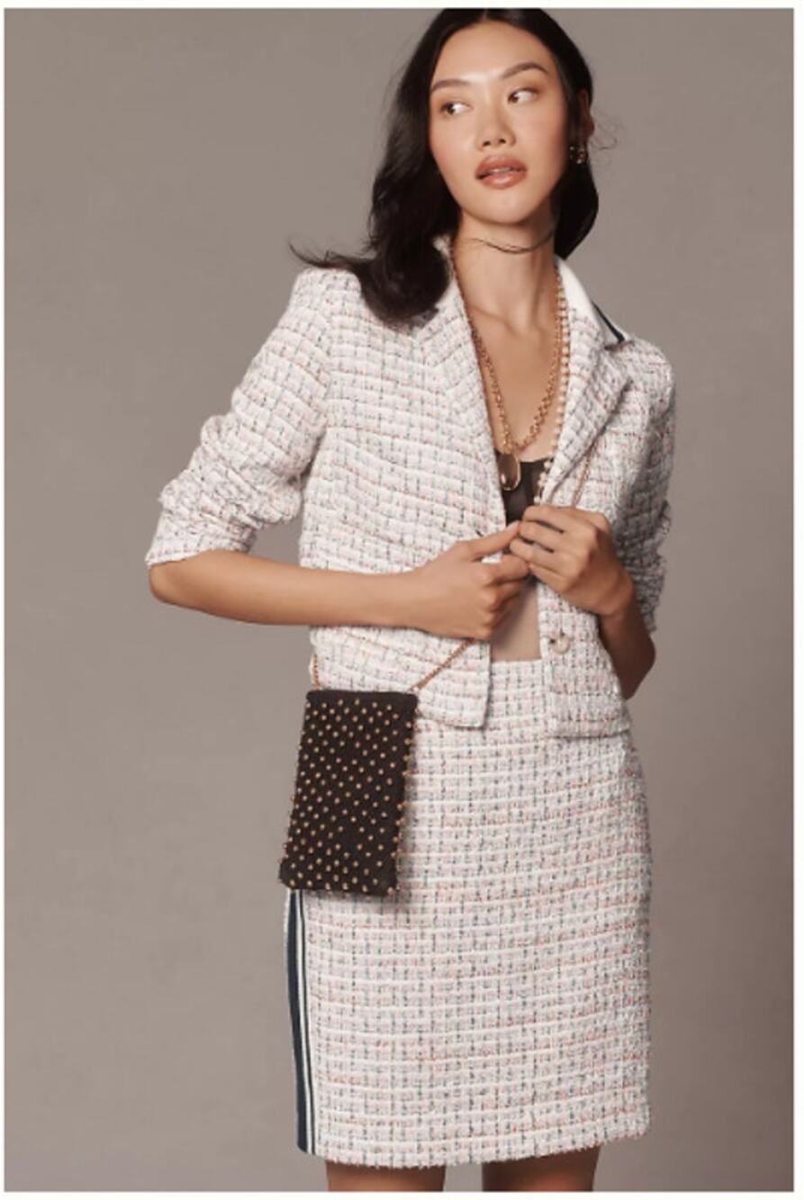 Anthropologie Maeve Sz 8 Sporty Trim Tweed Jacket Knit Blazer Pink Preppy Luxe
